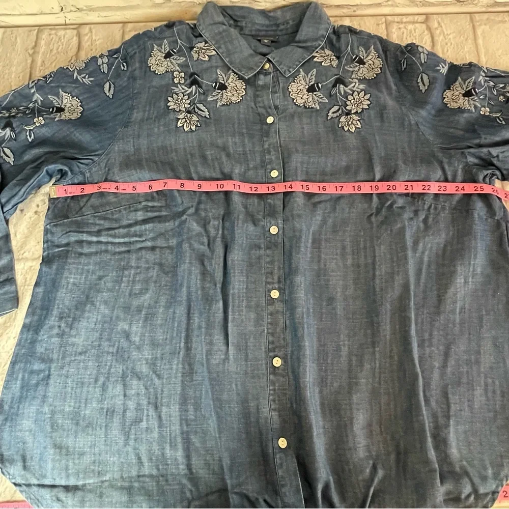 Blue Floral Embroidered Button-Up Shirt, 3X - Picture 11 of 15